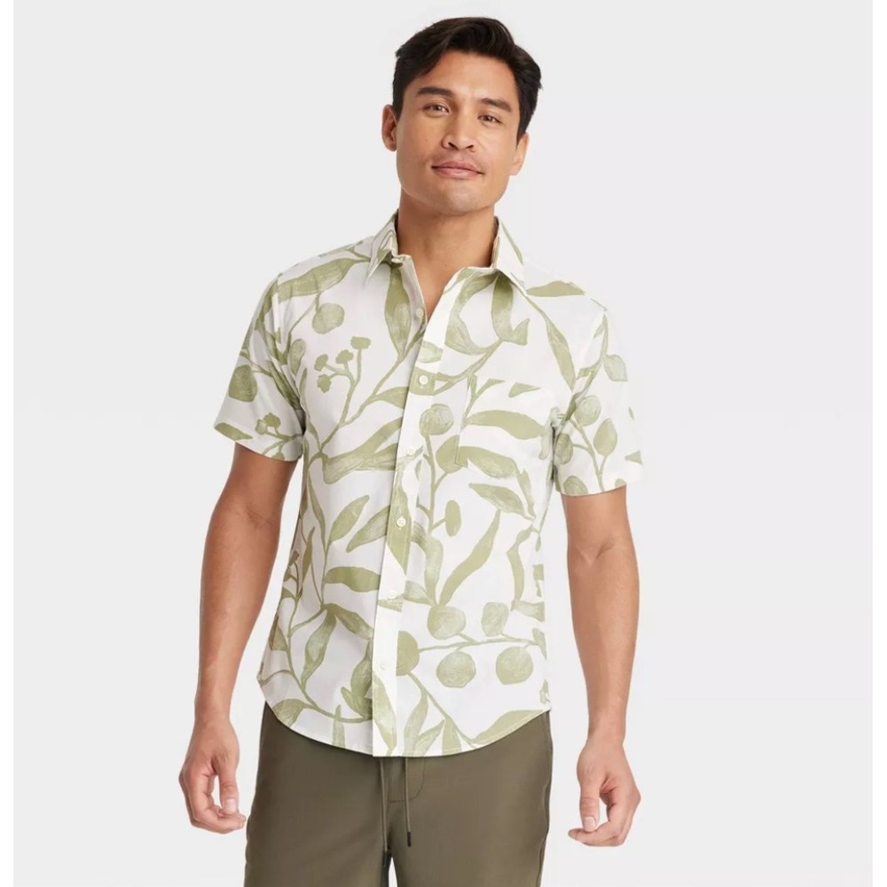 Goodfellow & Co Mens Slim Fit Short Sleeve Button Down Shirt Green Leaf Print L